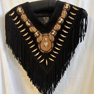 Black Suede Fringe Poncho with Beaded Tribal Design